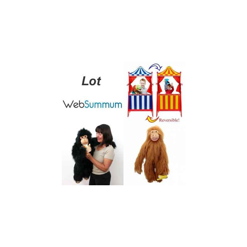 Théâtre double face en bois et lot de marionnettes à main singe chimpanzé et orang outan -LWS-412Théâtre double face en bois et 