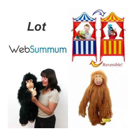 Théâtre double face en bois et lot de marionnettes à main singe chimpanzé et orang outan -LWS-412Théâtre double face en bois et 