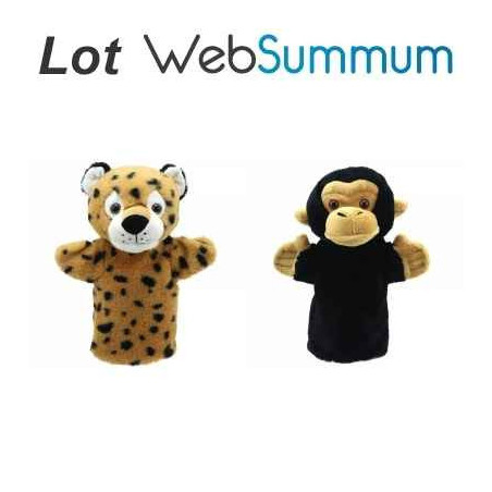 Lot 2 marionnettes à main singe chimpanzé et léopard -LWS-357lot 2 marionnettes à main singe chimpanzé et léopard -LWS-357