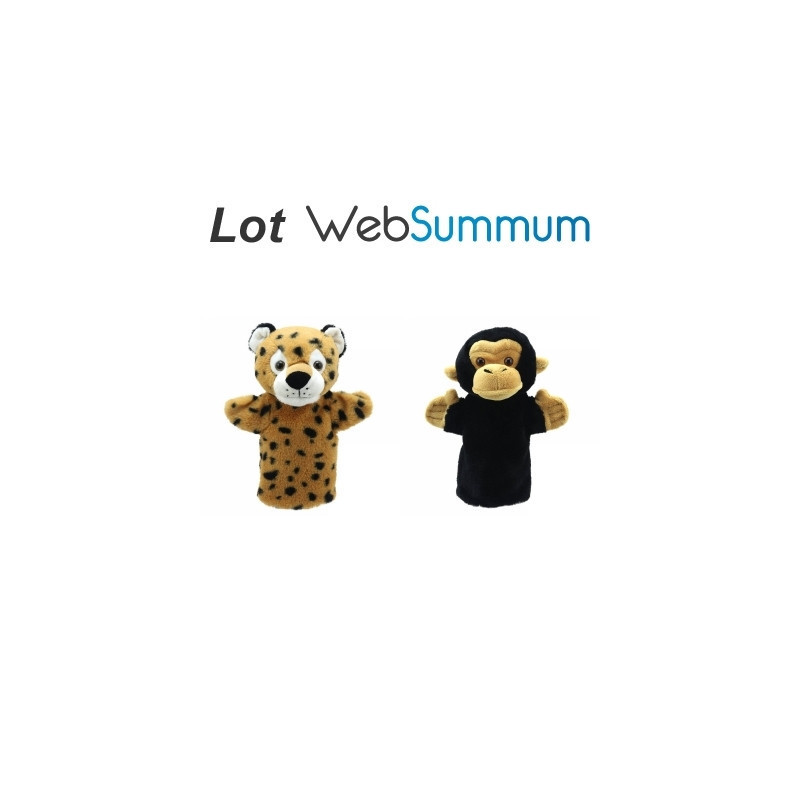 Lot 2 marionnettes à main singe chimpanzé et léopard -LWS-357lot 2 marionnettes à main singe chimpanzé et léopard -LWS-357