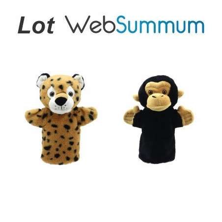 Lot 2 marionnettes à main singe chimpanzé et léopard -LWS-357lot 2 marionnettes à main singe chimpanzé et léopard -LWS-357